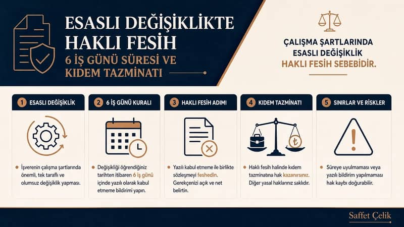 Çalışma Şartlarında Esaslı Değişiklik haklı fesih: esaslı değişiklikte süre ve kıdem tazminatı