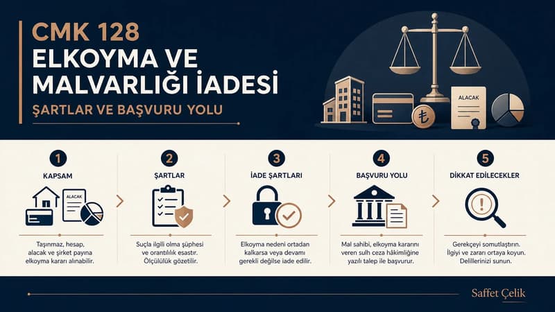 CMK 128 elkoyma ve malvarlığı iadesi sürecinde malvarlığı türleri, bildirim yolları ve iade adımlarını gösteren infografik