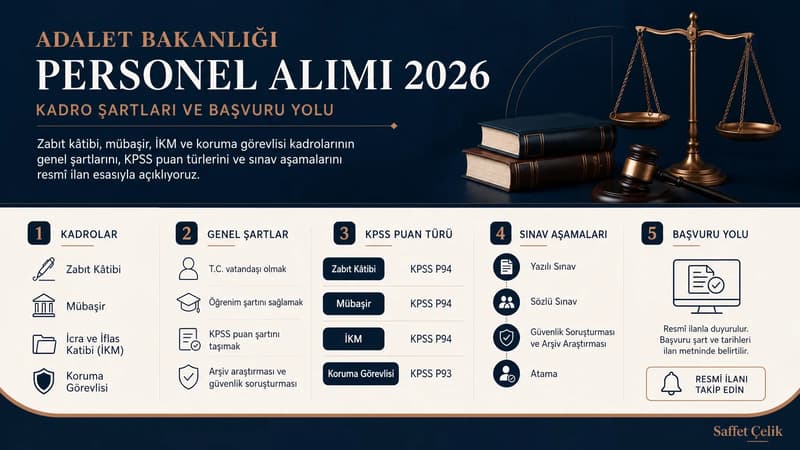 Adalet Bakanlığı personel alımı kadrolarında genel şartları, sınav aşamalarını ve resmi ilan kontrol adımlarını gösteren infografik