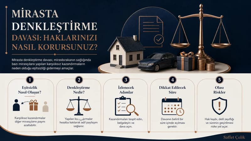 Mirasta denkelştirme sürecini adımlar halinde gösteren infografik: kazandırmanın tespiti, dava açılması ve iade seçenekleri.