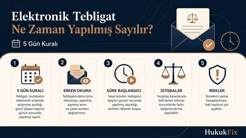 Elektronik tebligat ne zaman yapılmış sayılır sorusunu yanıtlayan ve beşinci gün kuralını açıklayan infografik.