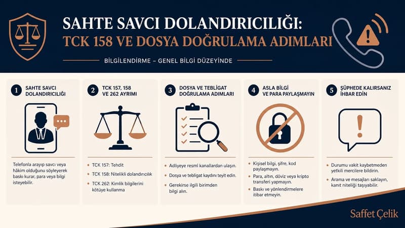 Sahte savcı dolandırıcılığında belirtileri ve resmî doğrulama adımlarını gösteren infografik