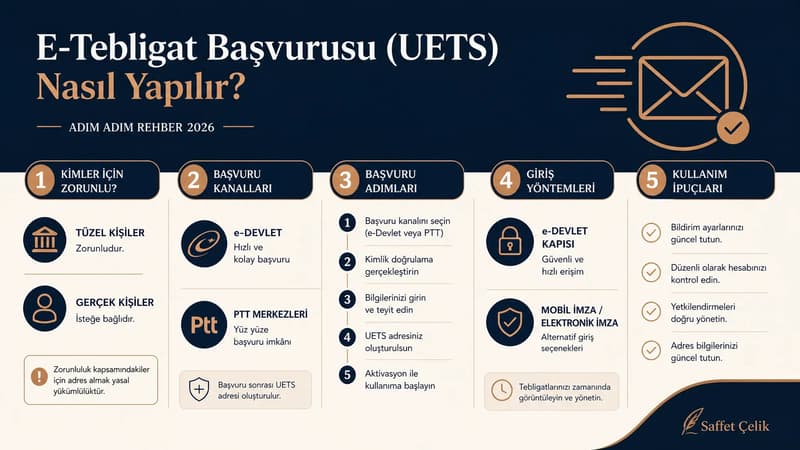 E-tebligat başvurusu adımlarını gösteren infografik: kimler zorunlu, başvuru yöntemleri ve UETS kullanım süreci.
